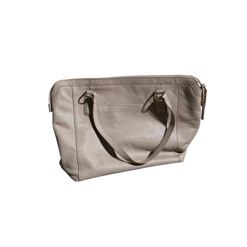 Fossil Leather Tote Bag Beige Shoulder Purse Large Zip Top